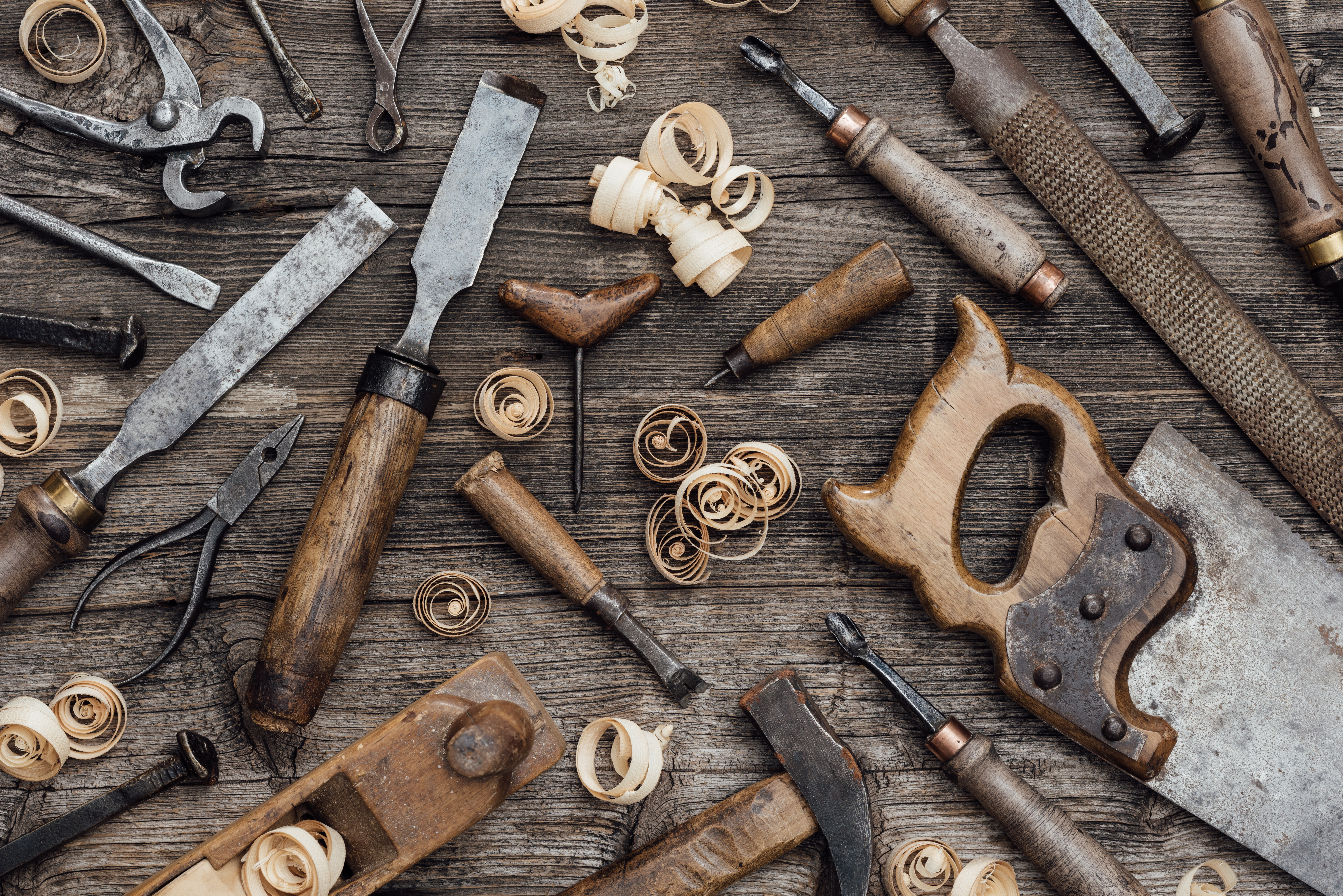 Old carpentry tools on the workbench